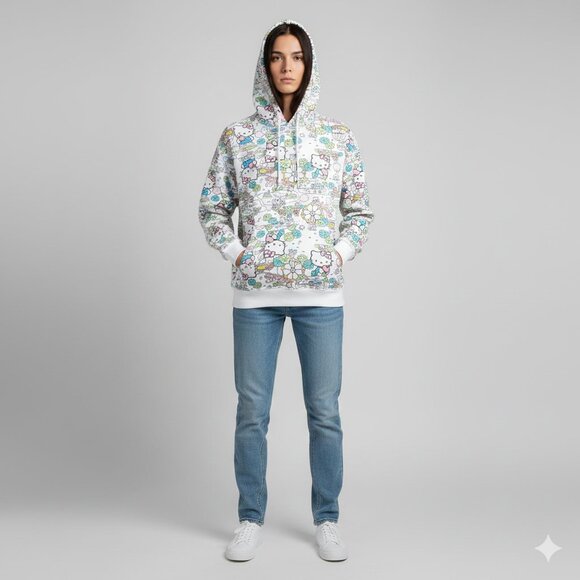 Sanrio Tops - NEW SANRIO HELLO KITTY "Bustling Town" Pullover Hoodie White/Multi Adult Size L